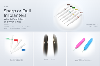 Sharp and dull hair implanters: a KNU implanter, a LION implanter, two needle tips showing a dull and a sharp point, and a KEEP placer.